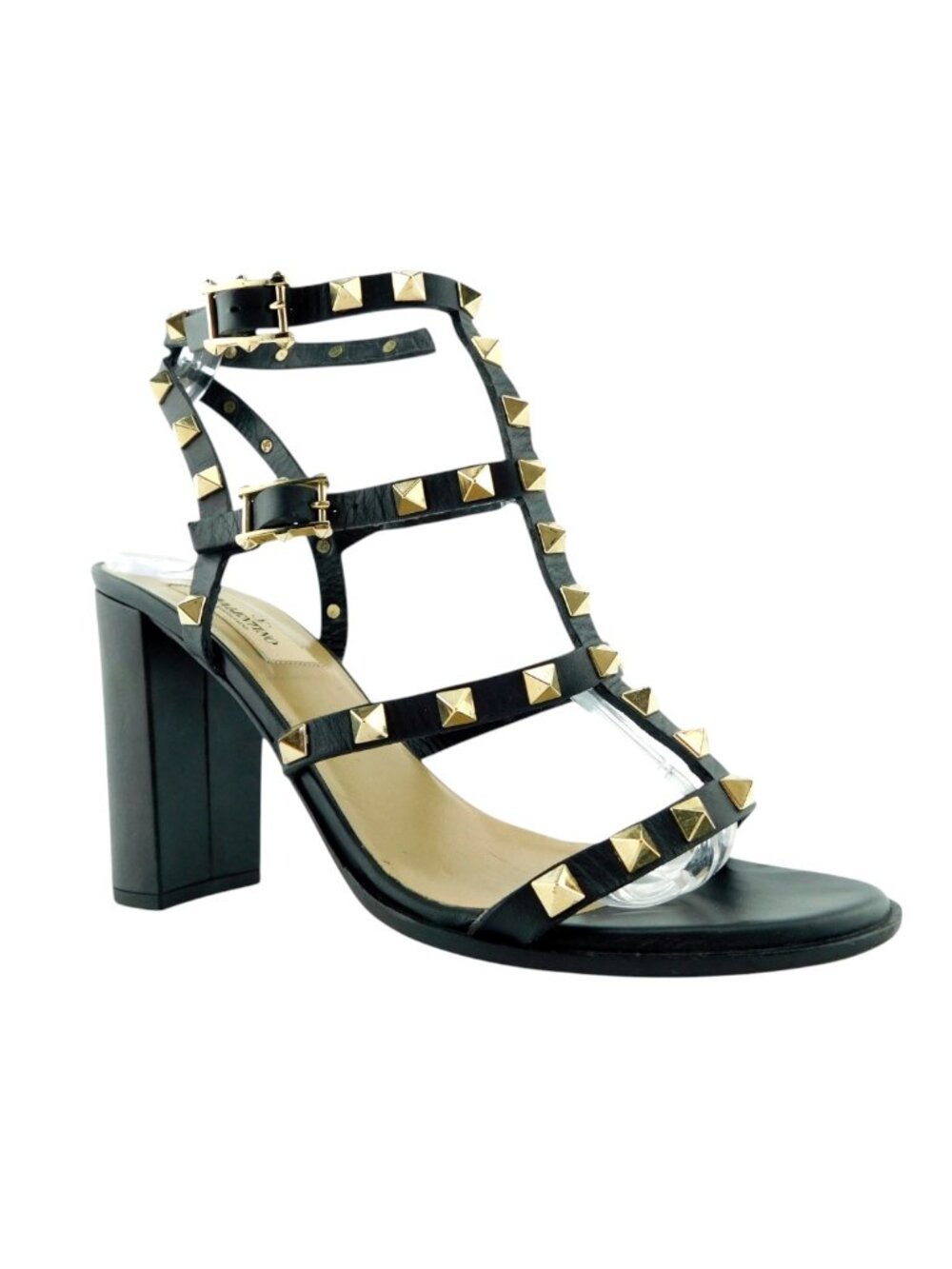 VALENTINO Rockstud Black Leather Caged Ankle Strap Block Heel Sandals 38